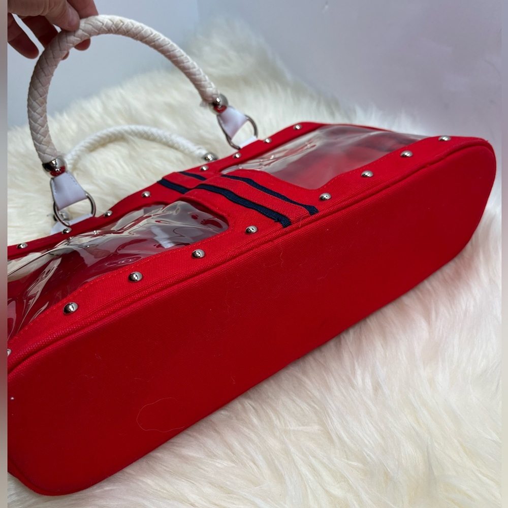Nautical Studded Rope Handle Retro Handbag Red White Blue w Clear Poly Windows - Picture 5 of 14